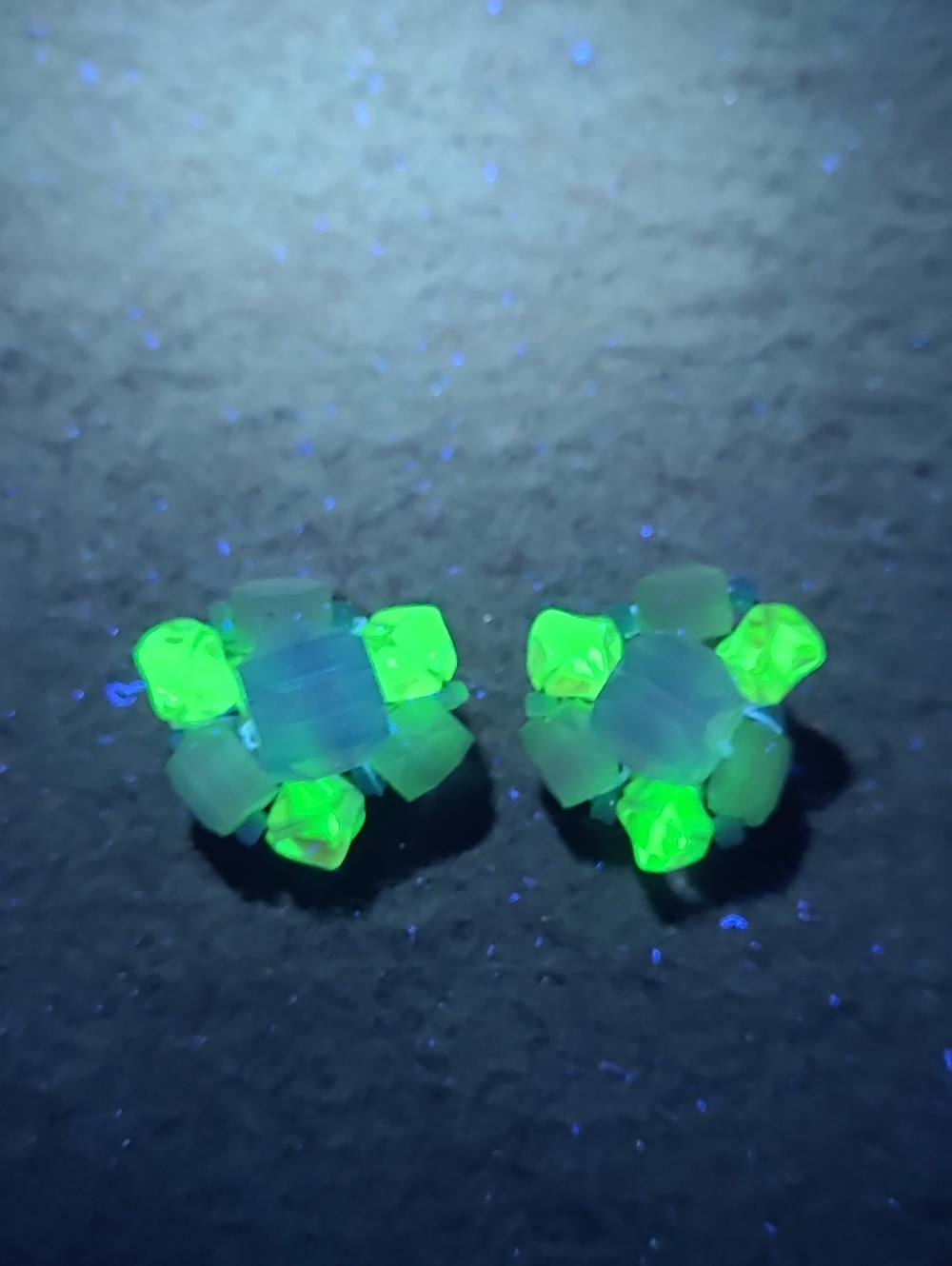 Blue Uranium Glass and Cluster Bead Clip On Earrings